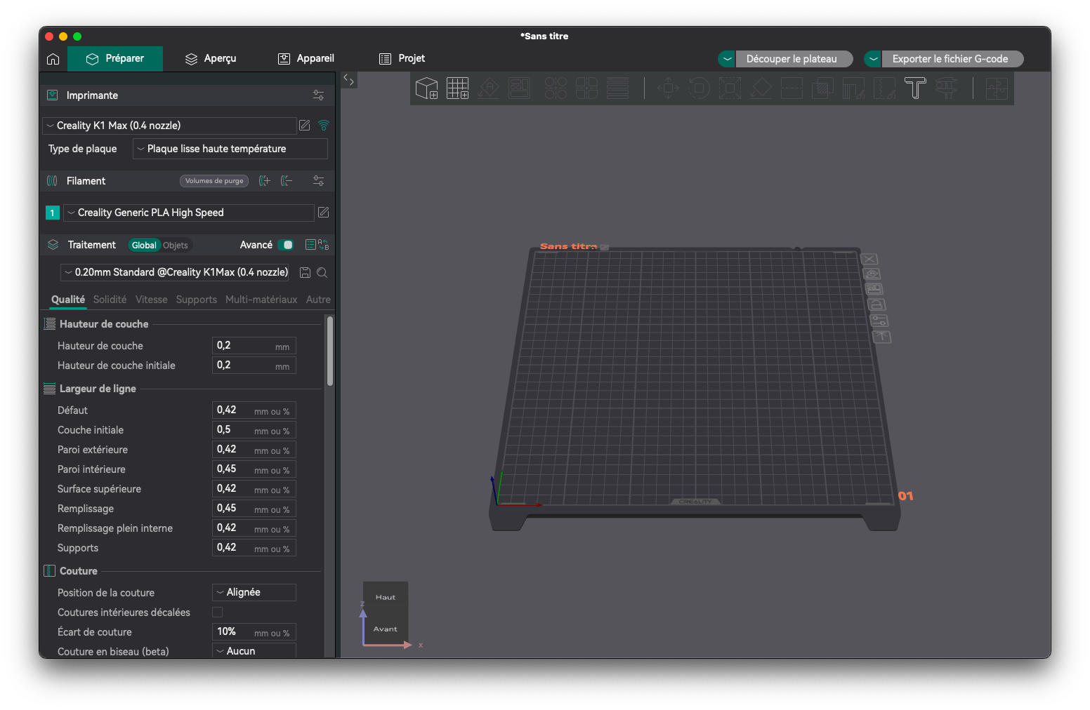 Capture d'écran du logiciel Orca Slicer montrant les paramètres de purge et de parois.