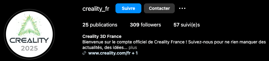 Creality Instagram France : Une stratégie gagnante 1 Capture d'écran du profil Instagram @creality_fr montrant le logo et les informations