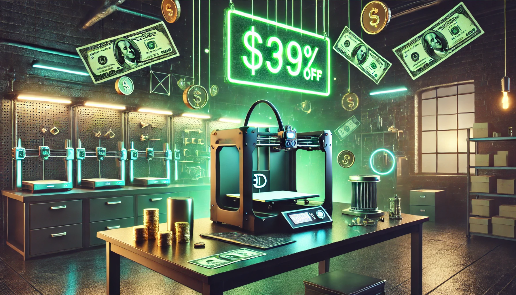 a 3d printer on a table with money and coins