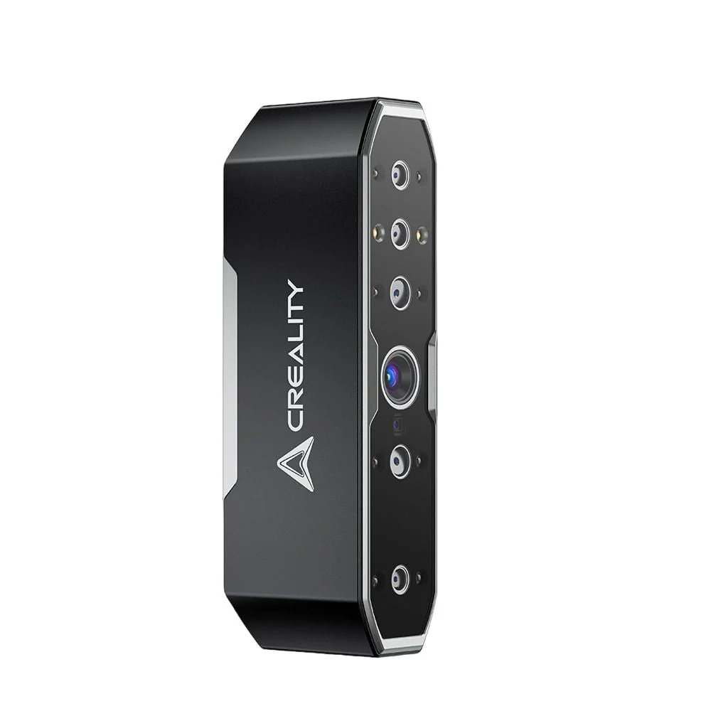 Le scanner 3D Creality CR-Scan Otter de couleur noire, avec sa façade technique affichant plusieurs capteurs optiques et le logo Creality visible sur le flanc.