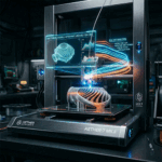 Imprimante 3D équipée d'intelligence artificielle analysant une pièce en cours d'impression grâce à des capteurs optiques et un affichage holographique